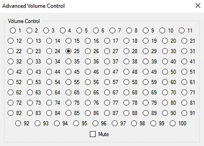 An "Advanced Volume Control" UI with 100 radio buttons representing volume percentages