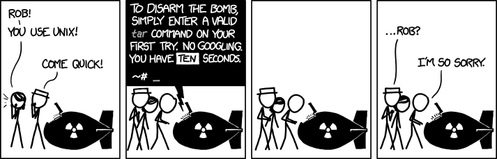Cartoon where Unix user can't detonate a bomb because the "tar" command is so difficult